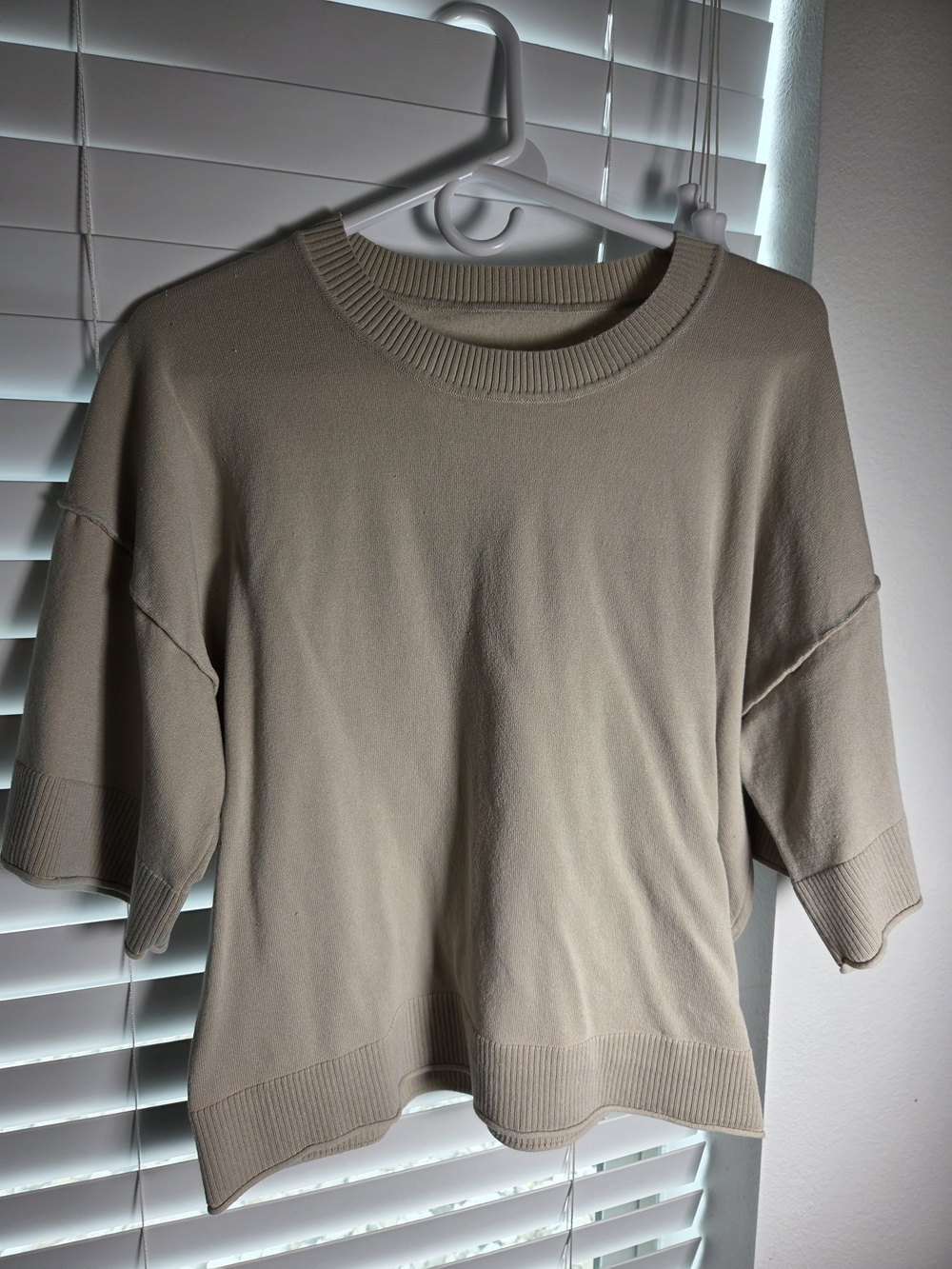 Neutral Beige Short-Sleeve Crewneck Sweater